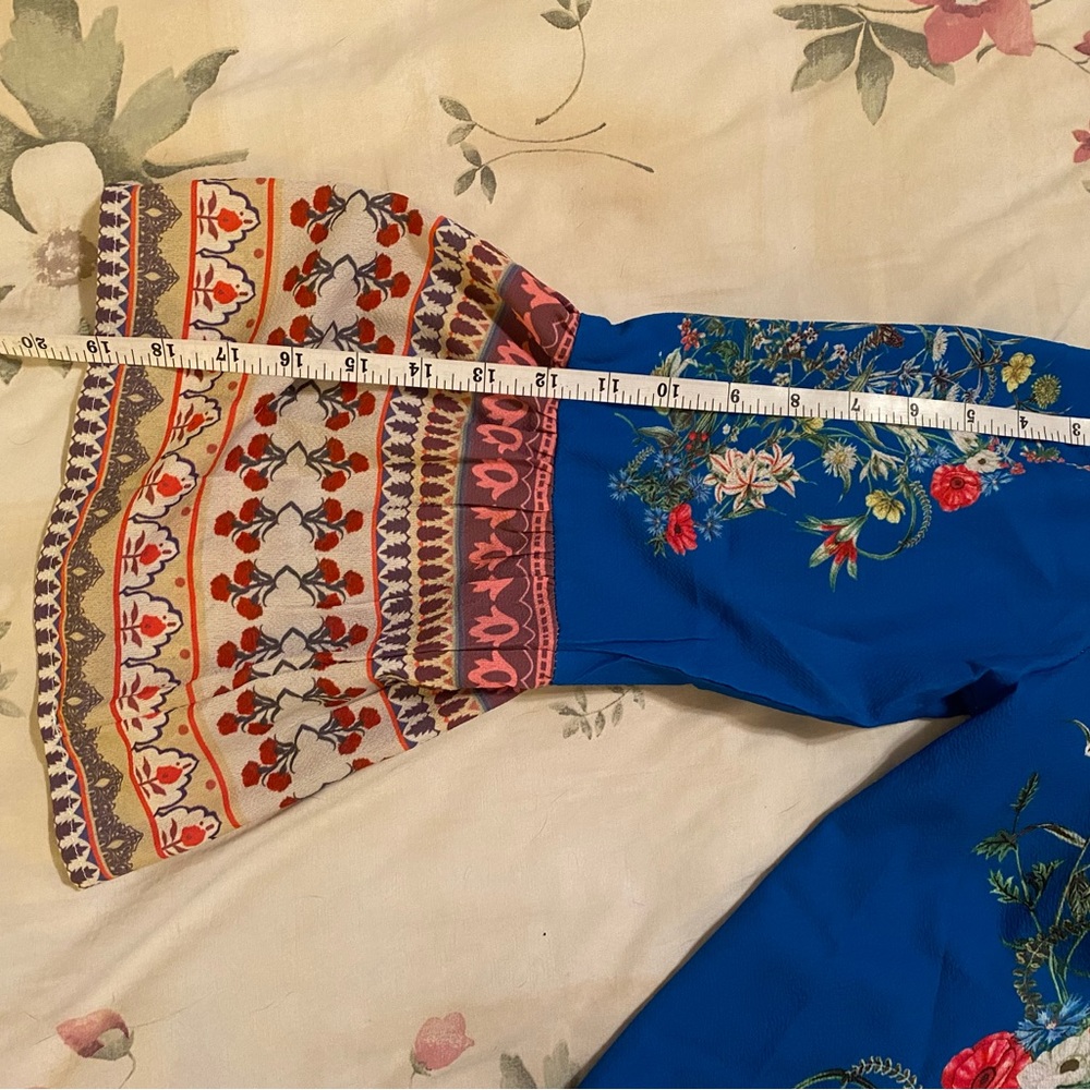NWT Umgee Blue Off Shoulder Babydoll Floral Mini Dress Tassels bell sleeves Boho - Picture 8 of 13